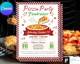 May include: A pizza party fundraiser flyer with a red and white checkered border. The flyer features a pizza graphic with text that reads "Pizza Party Fundraiser" and details for the event, including the date, time, and location.