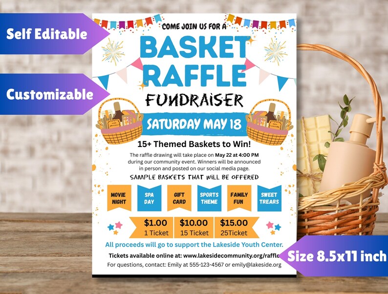 Basket Raffle Fundraiser Flyer Template: Editable PTA/PTO Event Poster ...
