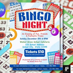 May include: A colorful flyer promoting a Bingo Night event. The design features the words "Bingo Night" in bold letters, along with bingo balls and cards. The flyer includes event details such as date, time, location, and ticket information.