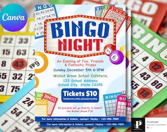 Bingo Night Flyer Template: Editable School Fundraiser PTA/PTO Canva Invitation (Digital Download)