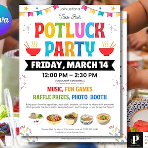 Puede incluir: Un folleto colorido para una fiesta de potluck con el texto "POTLUCK PARTY" en letras grandes y vibrantes. El folleto incluye la fecha, la hora y el lugar, junto con detalles sobre comida, música y juegos. El folleto también tiene el texto "Taco Bar".
