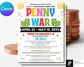 Penny War Flyer Template: School Fundraiser, Coin Drive (Canva Editable)