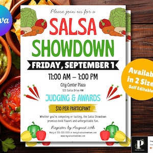 May include: A colorful flyer for a Salsa Showdown event. The text includes "SALSA SHOWDOWN" in large red and green letters, with details about the date, time, location, and registration information. Illustrations of vegetables such as carrots, peppers, and lettuce are included.