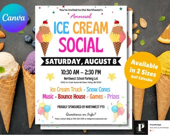 Editable Ice Cream Social Party Flyer | School Fundraiser Invite (Canva Printable)
