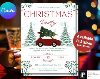 May include: A festive Christmas party invitation with a red car carrying a Christmas tree. The invitation includes the text "Christmas Party" and event details. The design features snowflakes, evergreen trees, and berry sprigs.