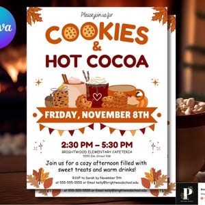 Peut inclure: Une affiche pour un événement Cookies & Chocolat Chaud. Le design présente des illustrations de biscuits, de tasses de chocolat chaud et de feuilles d'automne. Le texte comprend la date, l'heure et le lieu de l'événement.