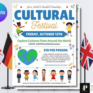 Pode incluir: Um cartaz promocional para um Festival Cultural, com o texto "Festival Cultural" e "Explore Culturas de Todo o Mundo". O cartaz inclui ilustrações de crianças, um globo em forma de coração e bandeiras de vários países.