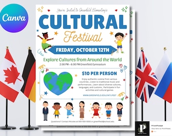Sjabloon flyer internationaal cultureel festival: bewerkbare poster voor schoolevenement (pdf-canvadownload)