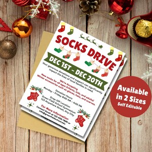 Redigerbar flygblad för julstrumpinsamling, mall för vintervälgörenhet (Canva)