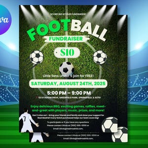 Editable Football Fundraiser Flyer | Green Field Sports Event Invitation | Game Day BBQ & Raffle Template | Printable Canva Template