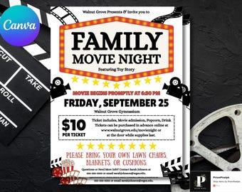 May include: A movie night flyer with a retro marquee design, featuring the text "FAMILY MOVIE NIGHT" and "Toy Story." The flyer includes details for the event on Friday, September 25, at 6:30 PM, with a $10 ticket price. Includes film reel and clapperboard.