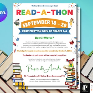 Puede incluir: Un folleto colorido para un evento de lectura en la Escuela Primaria Walnut Grove. El folleto incluye las fechas del 18 al 29 de septiembre, detalles sobre la participación e información sobre premios. Libros rodean el folleto.