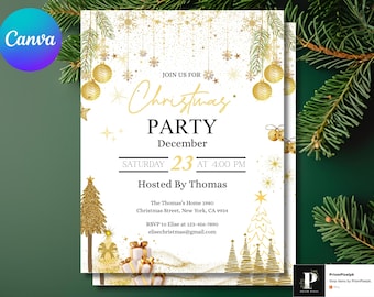 Puede incluir: Una invitación a una fiesta de Navidad con elementos de diseño dorados y blancos. La invitación incluye el texto "Christmas Party" y detalles como la fecha, la hora y el lugar. Elementos decorativos incluyen árboles de Navidad, adornos y copos de nieve.