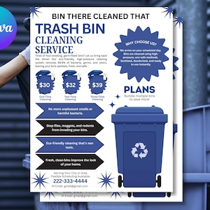 Plantilla editable de Canva para volante de limpieza de contenedores de basura: anuncio de saneamiento, eliminación de olores y lavado a presión