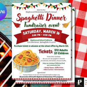 May include: A flyer for a spaghetti dinner fundraiser event. The flyer has a red banner with the event details: Saturday, March 16, 5:00 PM - 8:30 PM. The flyer includes a bowl of spaghetti and meatballs.