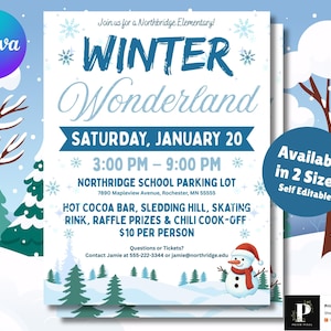 Op de afbeelding: Een winterthema flyer met een blauw en wit kleurenschema. De tekst luidt "WINTER Wonderland" met evenementdetails. Sneeuwvlokken en een sneeuwpop-afbeelding zijn inbegrepen. De flyer is beschikbaar in twee formaten.