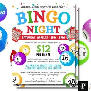 May include: A colorful flyer for a Bingo Night event. The flyer features the text "BINGO NIGHT" in large, multi-colored letters. It includes bingo balls, bingo cards, and the date, Saturday, April 15, 5 PM - 8 PM. The event benefits new library and learning resources.