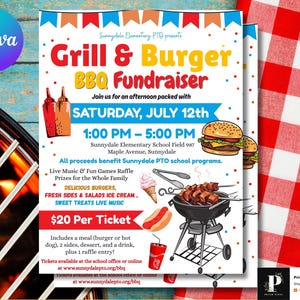 Grill & Burger BBQ Fundraiser Flyer | Printable Summer Cookout Template | Instant Download Event Invitation | Canva Template | Editable Temp