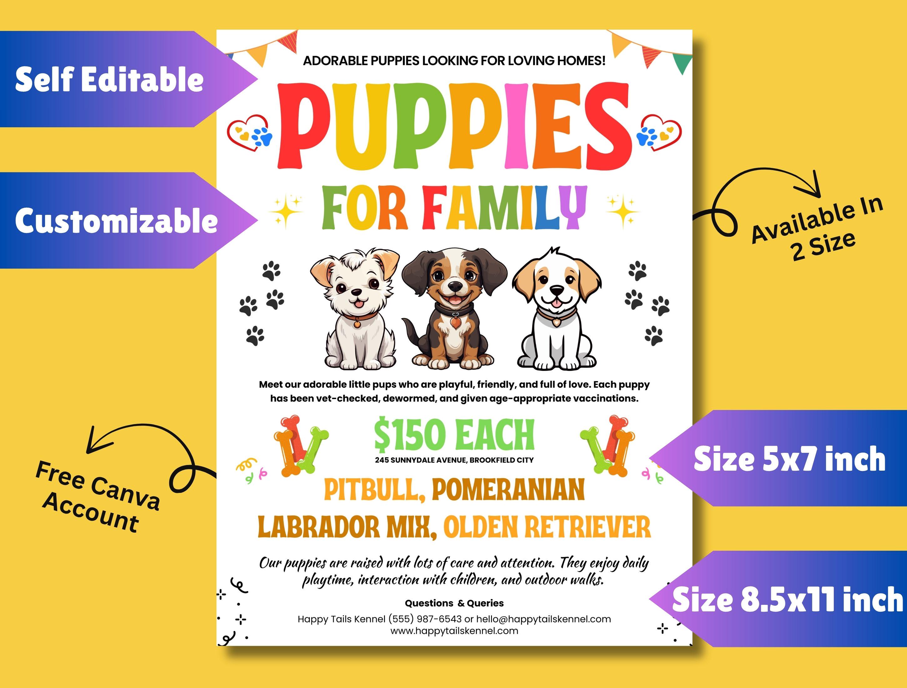 Editable Puppies for Sale Flyer Template, Pet Adoption Poster, Dog ...