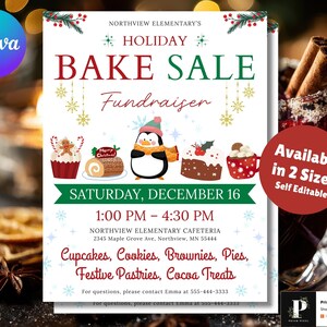 May include: A white flyer for a holiday bake sale fundraiser. The text reads "Holiday Bake Sale Fundraiser" with illustrations of baked goods and a penguin. The sale is on Saturday, December 16, from 1:00 PM to 4:30 PM.