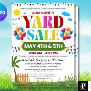 May include: A colorful community yard sale flyer with the words "YARD SALE" in large, vibrant letters. The flyer includes details about the sale, such as the date, time, and location. Balloons, a sun, and a palm tree decorate the flyer.