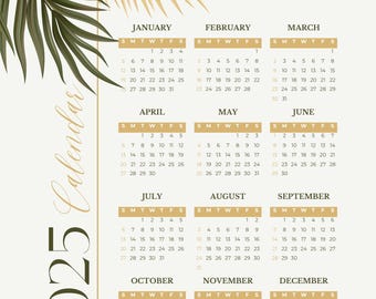 Tropical 2025 Calendar Printable - Botanical Yearly Wall Planner