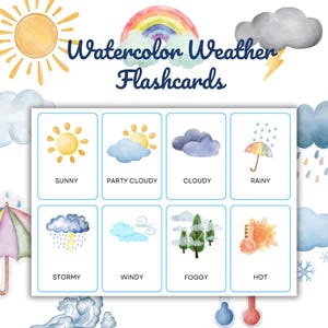 Cartes météo aquarelles pour enfants – Cartes météo imprimables pour le préscolaire et la maternelle