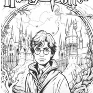 May include: Black and white illustration of Harry Potter standing in front of Hogwarts castle. The text "Harry Potter" is at the top of the image.