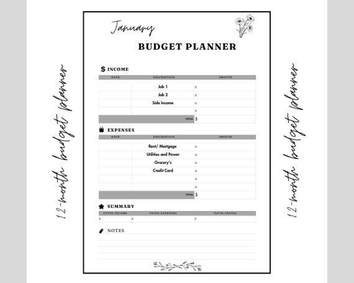 Cute Printable Monthly Budget Planner, 12month Budget, Cute and Simple