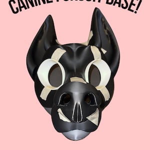May include: A black canine fursuit base with white eye openings and taped details. The text "CANINE FURSUIT BASE!" is displayed above the mask on a pink background.