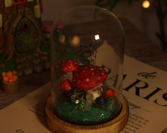 Lampe de terrarium champignon féerique, veilleuse faite main champignons de la forêt enchantée, lampe champignon rouge à pois, décoration en cristal, cadeau Cottagecore