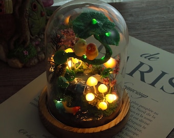Secret Lake Fairy Garden Night Light, Miniature Terrarium Mushroom Lamp with Love Birds & Fish, Natural fairyland Light Bedroom Decor Gifts
