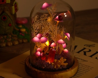 Luce notturna a forma di fungo di ametista, lampada da terrario in cristallo curativo con coccinella, lampada a forma di fungo viola incantato per la cameretta dei bambini, regali di arredamento per la casa