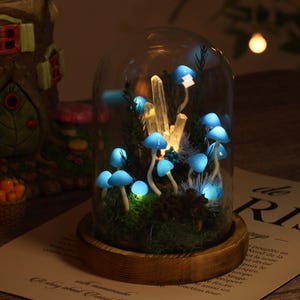 Enchanted Blue Mushroom Lamp with Glowing Crystals | Mushroom Terrarium Night Light | Fantasy Mushroom Lamp for Kids Room Decor Unique Gift