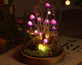 Magical Purple Mushroom Night Light – Fantasy Forest Mushroom Lamp with Vintage Book, Crystal, Moss, Pinecone – Fairycore Desk Decor Gift