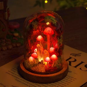 Luz noturna de cogumelo de jardim de fadas, lâmpada de cogumelo rosa e luz de núcleo de cristal sob arco de musgo, lâmpada de terrário de floresta secreta com borboletas
