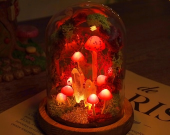 Fairy Garden Mushroom Night Light, Rose Pink Mushroom Lamp & Crystal Core Light under Moss Arch, Secret Forest with Butterfly Terrarium Lamp