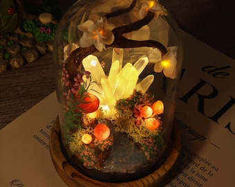 Enchanted Crystal Mushroom Night Light – Handmade Mushroom Lamp with Flowing Stream, Flower Tree, Red Mushroom Lamp, Fairycore Home Decor