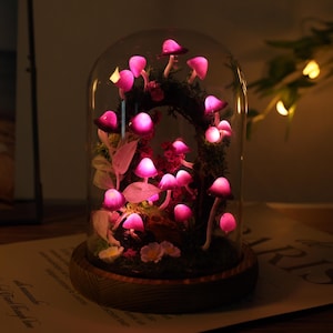 Puede incluir: Una cúpula de vidrio con una base de madera que contiene una escena de bosque en miniatura con setas rosadas brillantes. Las setas están dispuestas en un grupo y están iluminadas desde el interior, creando una atmósfera mágica y fantástica.