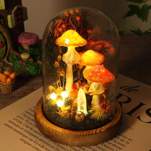 Betoverd herfstpaddestoelnachtlampje, handgemaakte roodoranje paddenstoellamp met gedroogde bloem en kristal, grillig paddenstoellicht, gezellige kamerinrichting