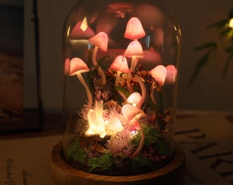 Mushroom Night Light with Glowing Crystal, Fairy Pink Mushroom Lamp with Butterfly- Unique Mother's Day Gift, Best Friend Birthday, Mom Gift