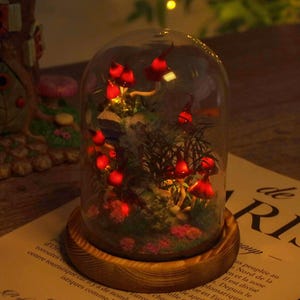 Dark Red Mushroom Lamp – Glowing Mushroom around Stone Stair, Fairy Garden Mushroom Night Light, Whimsical Cottagecore Decor, Woodland Gifts