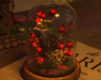Dark Red Mushroom Lamp – Glowing Mushroom around Stone Stair, Fairy Garden Mushroom Night Light, Whimsical Cottagecore Decor, Woodland Gifts