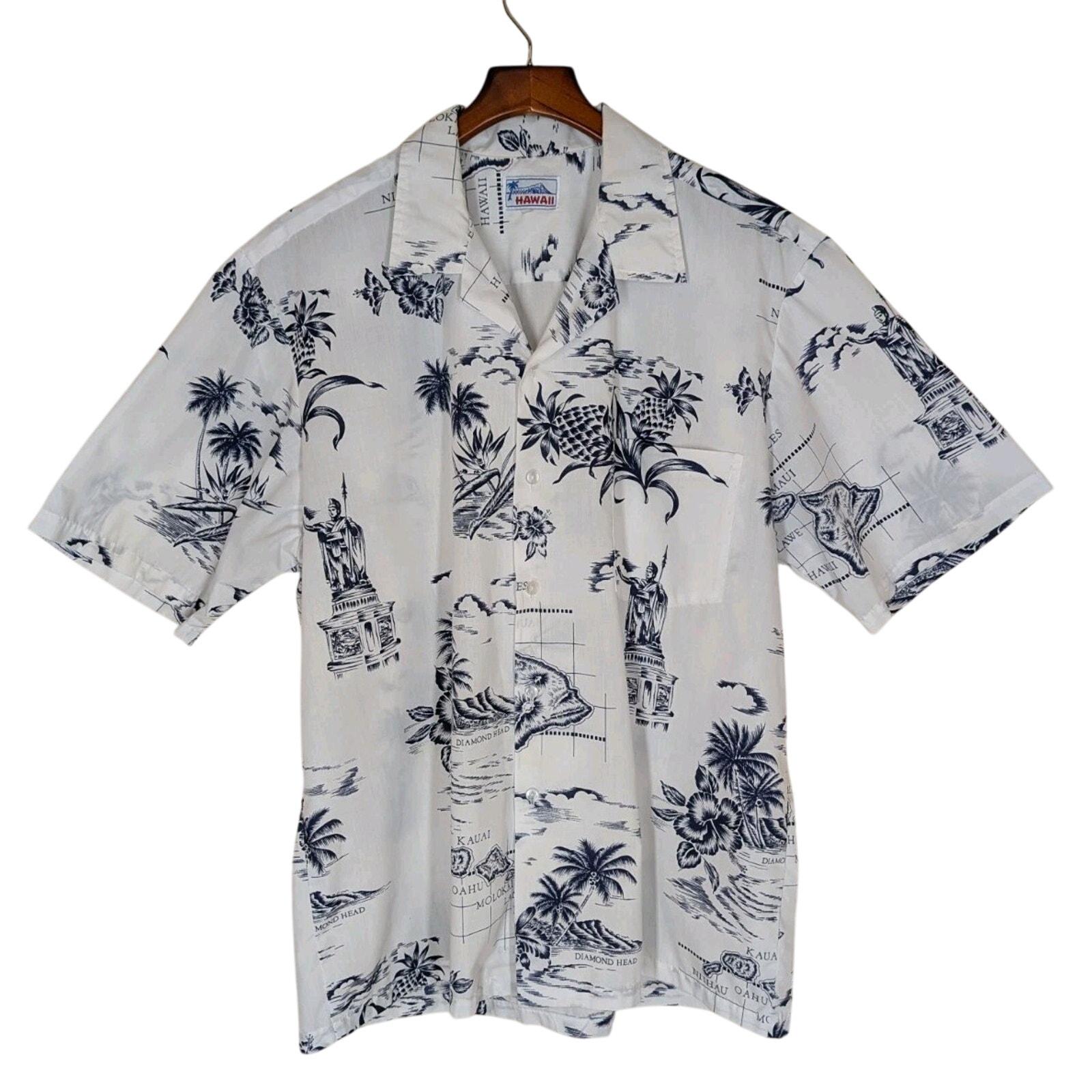Vintage Hawaiian Shirt Men's 2XL Cotton White Black Map Print Made In USA