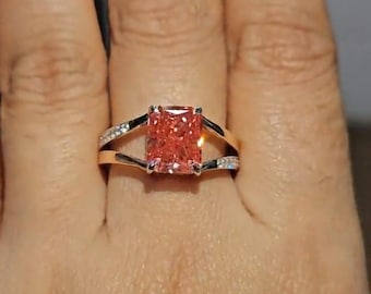 IGI Certified 3.12CT Radiant Cut Fancy Pink Lab-Grown Diamond Ring in 14k Gold | Ethical Engagement Ring, Luxury Diamond Ring.