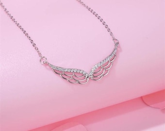 Angel Wing Necklace Diamond Pendant 14K Gold Jewelry Gift for Women, Lab Diamond or Moissanite Dainty Winged Necklace Minimalist.