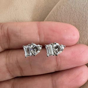 Toi et Moi 4CTW Heart & Emerald Cut Stud Earrings | IGI Certified Lab Diamond or Moissanite | 14K Solid Gold | Luxury Anniversary Gift.
