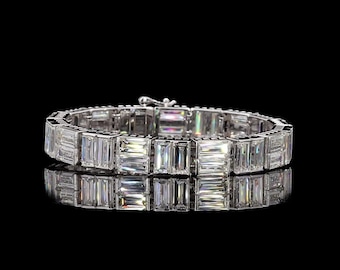 36 CT Baguette Cut Moissanite Tennis Bracelet – Unisex 14K Gold or Silver Solitaire Bracelet for Men & Women, Elegant Gift Jewelry.