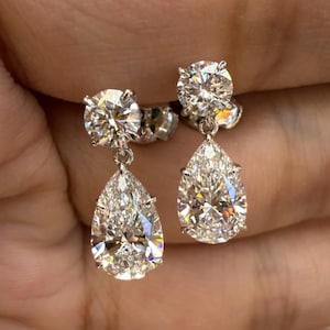 5CTW Pear Drop Diamond Earrings | Round & Pear Cut Dangle Earrings | Lab Grown Diamonds | 14K Solid Gold Bridal Earrings | Statement Jewelry