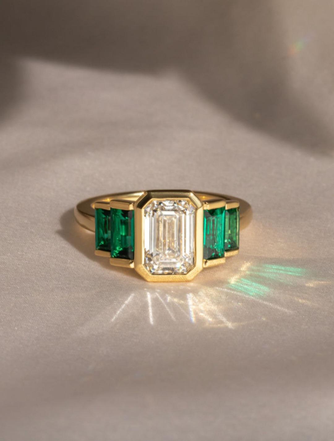 14K Yellow Gold White Emerald Cut Solitaire Lab-Grown Diamond & Green Emerald Gemstone Side Ring – Engagement And Anniversary Gift for Her.